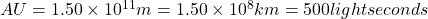  AU =1.50 \times 10^{11} m=1.50 \times 10^8 km = 500 light seconds 