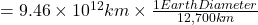 =9.46\times 10 ^{12}km \times \frac {1 Earth Diameter}{12,700 km}