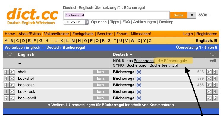 screenshot of dict.cc showing where to find the plural form (right beside the noun in the singular)