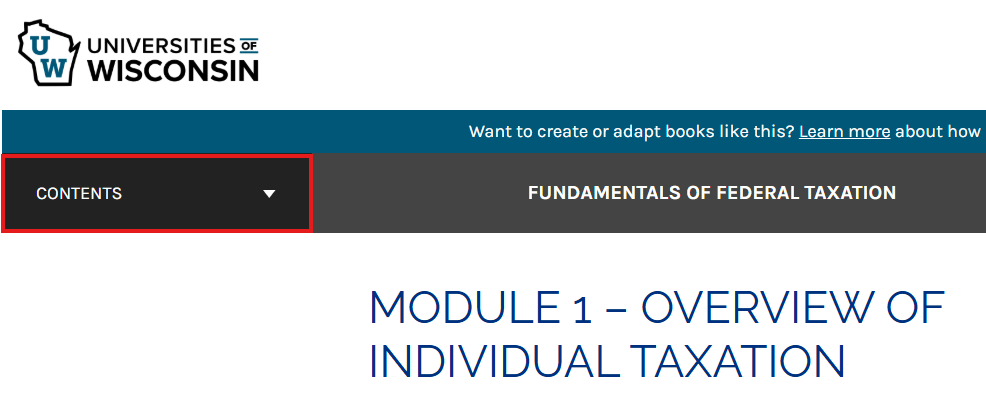 The "Contents" box in this book that can be clicked to see the table of contents