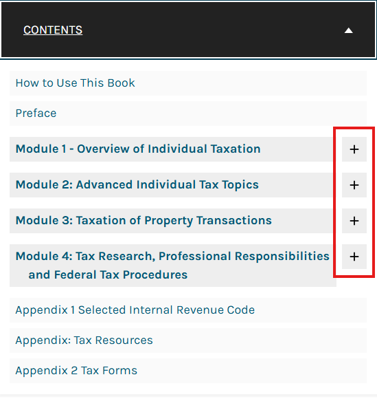 The plus signs for the section headings that can be clicked to see the chapters for each section.