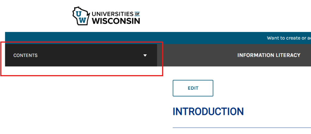 The Content box in this book that can be clicked to see the table of contents with a red box surrounding it.