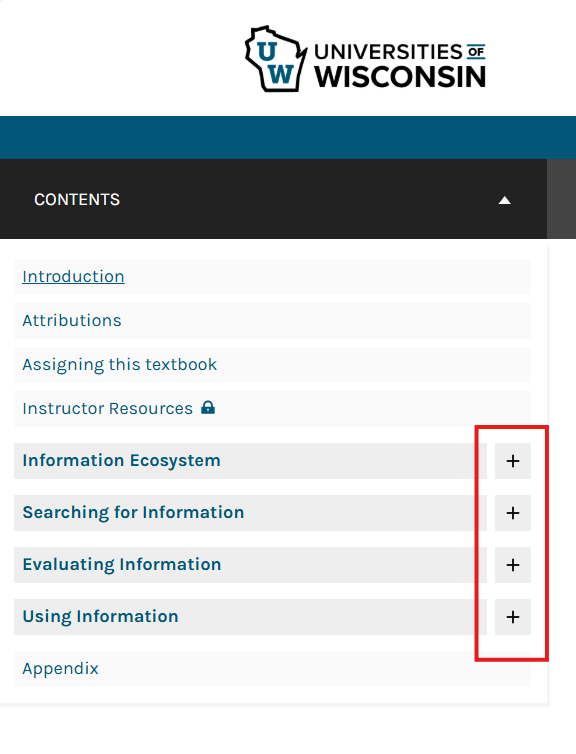 A picture of the plus signs for the section headings that can be clicked to see the chapters for each section with a red box around them.