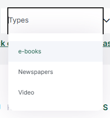 Types dropdown shows e-books, newspapers, and video