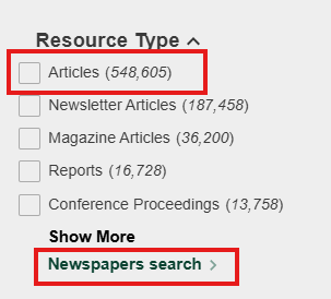 An image of the Resource Type options with a red box around the Articles option and the Newspapers search option.