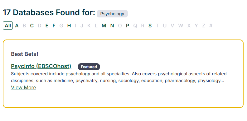 Psychology databases best bets displays PsycInfo database