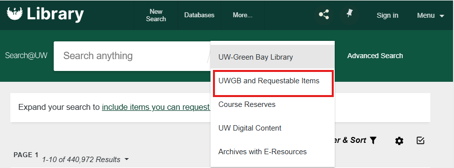 An image of the drop-down menu that appears when the little triangle on the right side of the Search@UW search bar has been clicked with a red box around the UWGB and Requestable Items option.