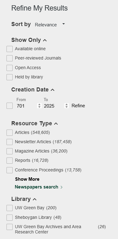 This image shows some of filter options that can be applied when searching in Search@UW.