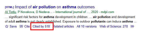 An image of an article listing in Google Scholar with the "Cited by" section of the article's information surrounded by a red box.
