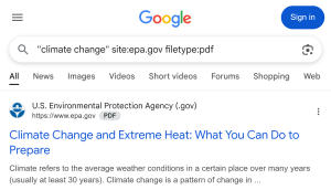 Google search for "climate change" site:epa.gov filetype:pdf