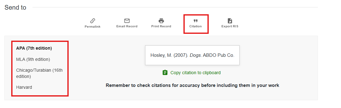 An image of an source record in Search@UW with both the Citation button and the citation styles that can be chosen on the left side surrounded by red boxes.