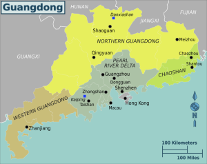 Map showing the South China coast, centered on Guangdong province and the Pearl River Delta
