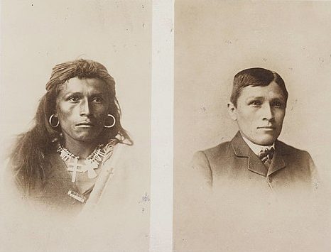 The "before" photo was taken in 1882, when Tom Torlino arrived at Carlisle Indian Industrial School. John Choate snapped the photo in his Carlisle studio. The "after" photo was taken three years later, in 1885. Historians Barbara Landis and Richard Tritt believe Choate manipulated the lighting in the second photo to help make a point: with the proper education, Carlisle students could literally blend in with white society.