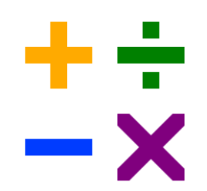 brightly colored symbols for addition, subtraction, division, and multiplication.