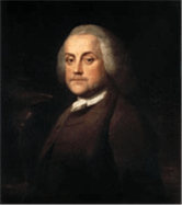 A portrait of Benjamin Franklin, who has gray hair.