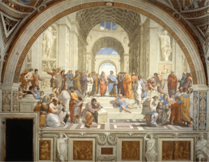 In an ornate-looking hall with vaulted ceilings, ancient philosophers, mathematicians, and scientists are depicted surrounding Plato and Aristotle.