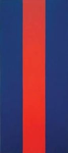 A painting of three vertical stripes where the outer stripes are blue and the middle stripe is red.