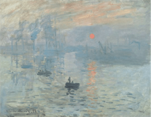 An impressionistic painting of a boat on a river with the setting sun in the background.