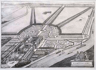 A drawing of an aerial view of the Hampton Court Gardens.