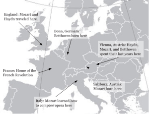 A map of Europe that identifies places where the composers Mozart, Hayden, and Beethoven travelled to.