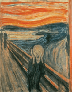 A painting of someone who is holding their head in their hands and screaming.