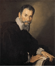 A painting of Claudio Monteverdi who has graying hair and a beard and has his hands resting on an opened book.