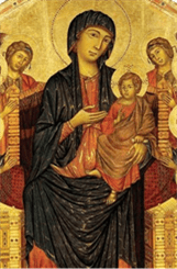 A depiction of the Virgin Mary holding the baby Jesus with two people, one on each side, looking on.