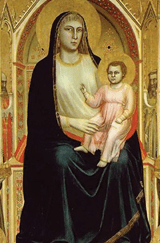 A depiction of the Virgin Mary sitting in an ornate-looking hall and holding the baby Jesus.