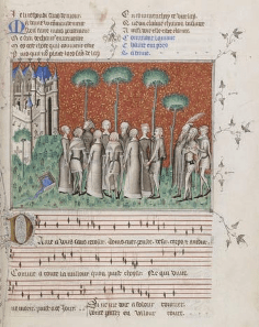 A page of Machaut's manuscript that includes a picture of people dancing with lines of sheet music under the picture.