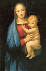 A picture with a darkened background that depicts the Virgin Mary holding the baby Jesus.