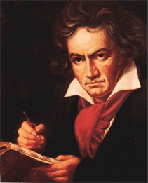 A portrait of Ludwig van Beethoven, who is holding a pen in his right hand and a notebook with his left and is leaning forward as if he's about to write something.