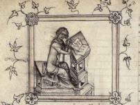 A drawing of a person who appears to be sitting and writing in a book that is resting on some sort of podium.