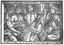 A black and white drawing of four musicians with the musician in the middle playing what appears to be a double bass.