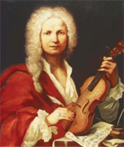 A painting of Antonio Vivaldi holding a quill in his right hand and a violin with his left hand.