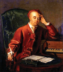 A portrait of Georg Friedrich Händel that depicts Händel sitting in a chair and holding a quill in his right hand with sheet music on the table in front of him.