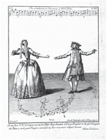 A drawing of two people holding out their hands and almost touching as they dance.