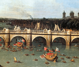 A painting of Westminster Bridge with all different size boats in the water beneath the bridge.