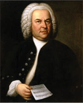 A portrait of Johann Sebastian Bach wearing what appears to be a white wig and holding a sheet of music.