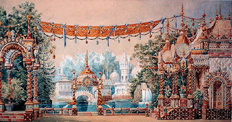 A vibrant painting depicting a large park featuring a central fountain surrounded by lush greenery and colorful flowers.