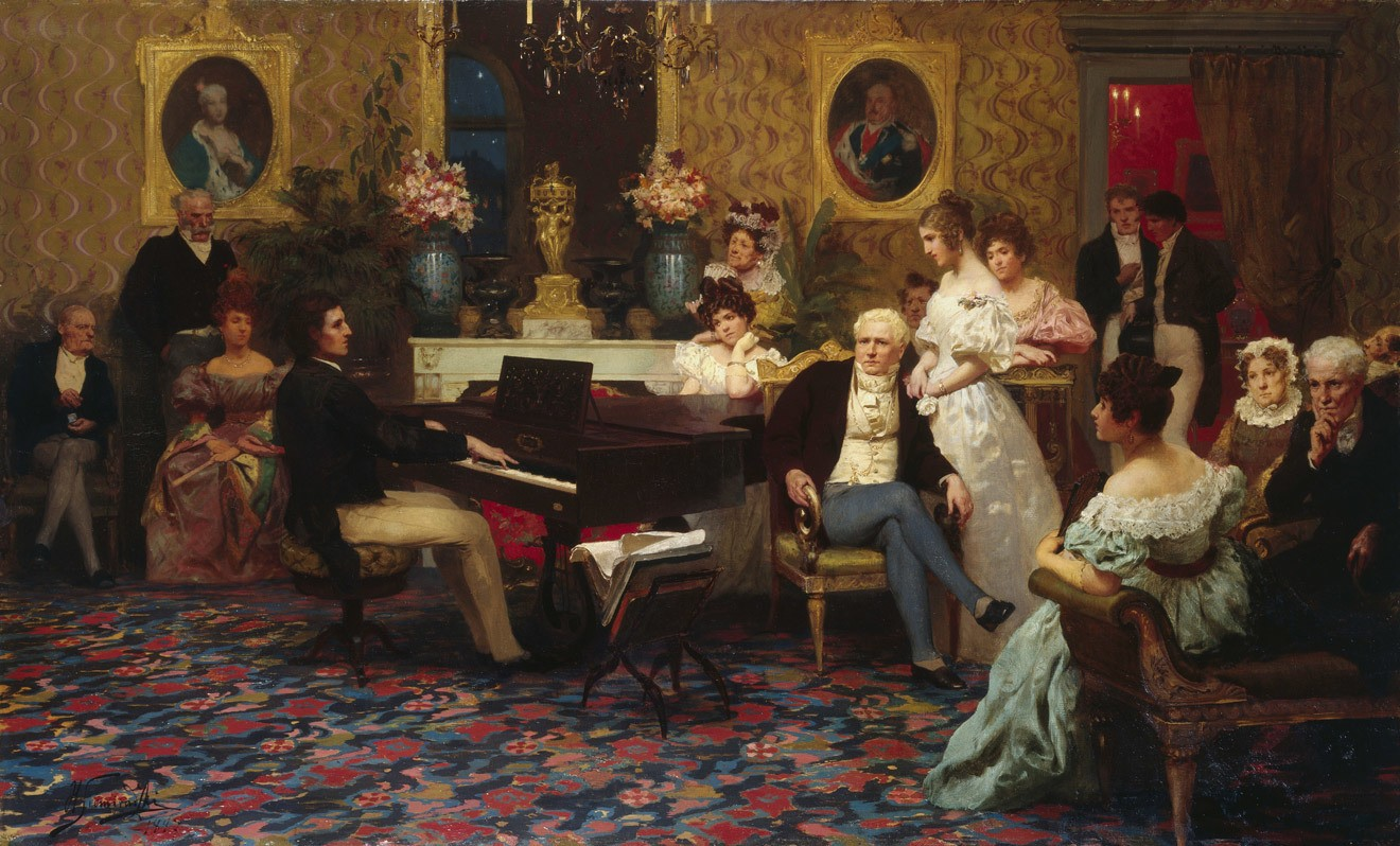 A painting depicting a group of individuals gathered in a room, engaging around a piano, showcasing a lively atmosphere.