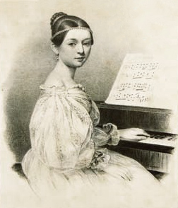 An engraving depicting a woman elegantly playing the piano, showcasing her concentration and musical talent.