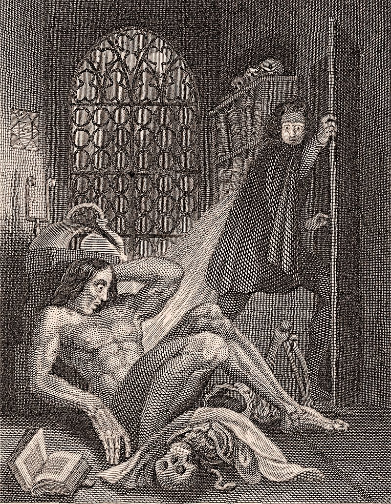 An engraving depicting a man on the floor beside a skeleton and another man by the door looking at him with a scared expression.