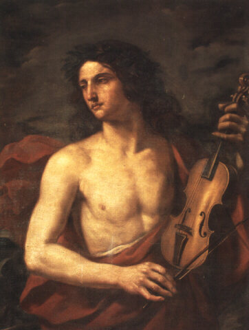 A painting depicting a man gracefully holding a violin, showcasing his passion for music and artistry.