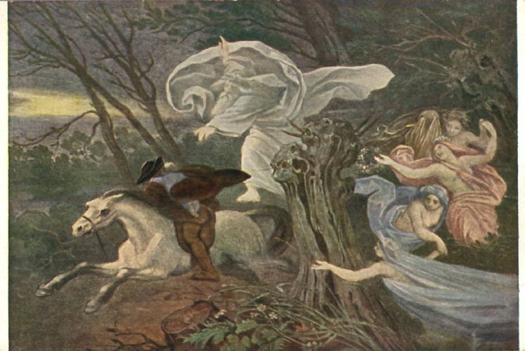 Painting of a man riding a white horse through the forest trying to outrun a white bearded man reaching out for him and fairies hiding behind a tree trunk