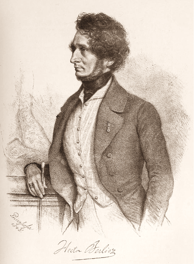 An engraving depicting a man in a suit, identified as a portrait of the composer Hector Berlioz.