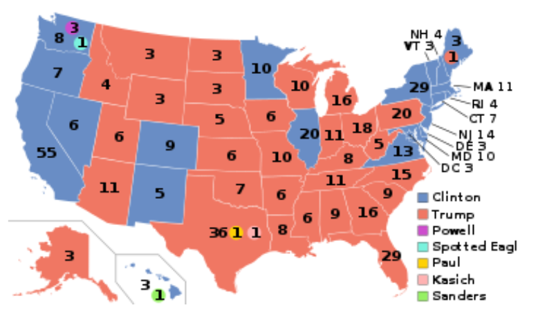 Graph showing states' presidential candidate in 2016