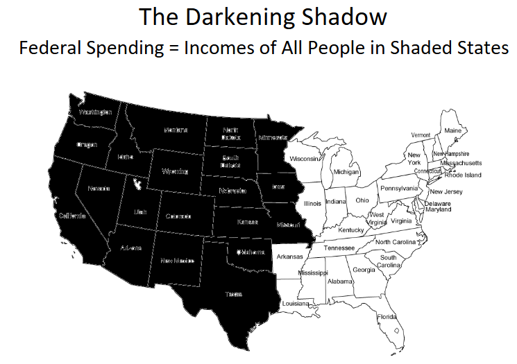 Map of the U.S showing federal spending as equivalent to the income of residents of states shaded in black. In this case, every state west of the Mississippi river (except Arkansas and Louisiana) is shaded.