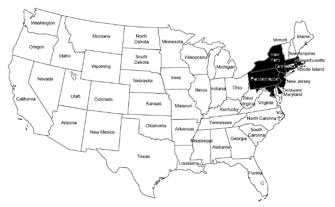 Map of the U.S showing federal spending as equivalent to the income of residents of states shaded in black. In this case, only a handful of Northeastern states are shaded.