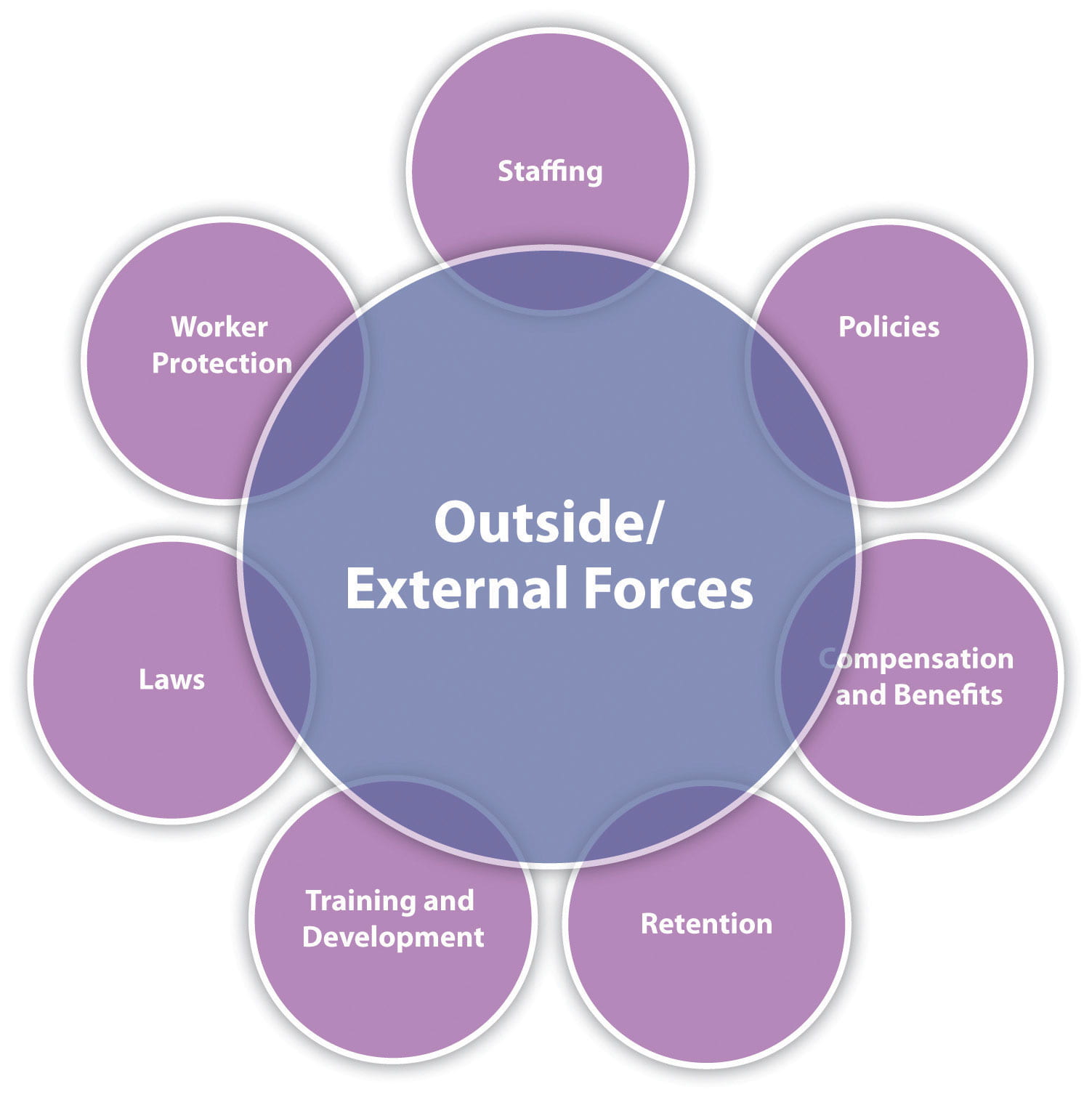 Staffing, policies, compensation and benefits, retention, training and development, laws, and worker protection are affected by outside/external forces.