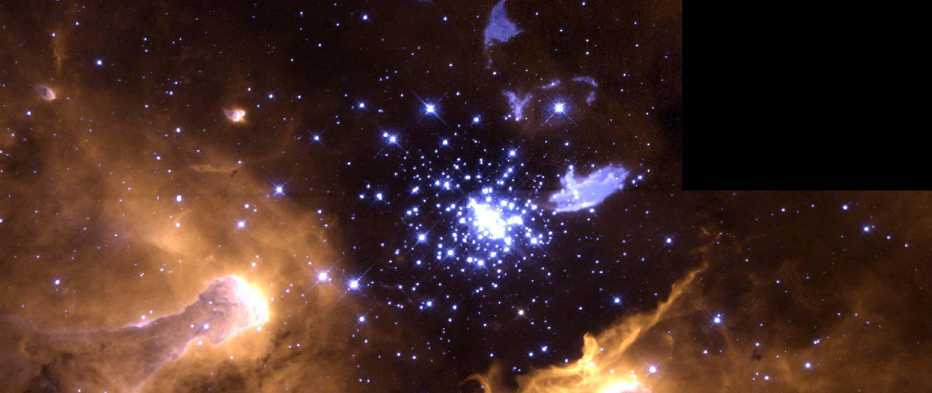 The Stellar Life Cycle in a Single Image. At center of this HST image of NGC 3603 is a compact cluster of bright white stars. Above and to the right of the cluster there is an isolated star surrounded by a ring of gas. Perpendicular to the ring, there are two bluish blobs of gas above and below the star. Finally, at bottom and on the left of the image are large clouds of gas and dust.